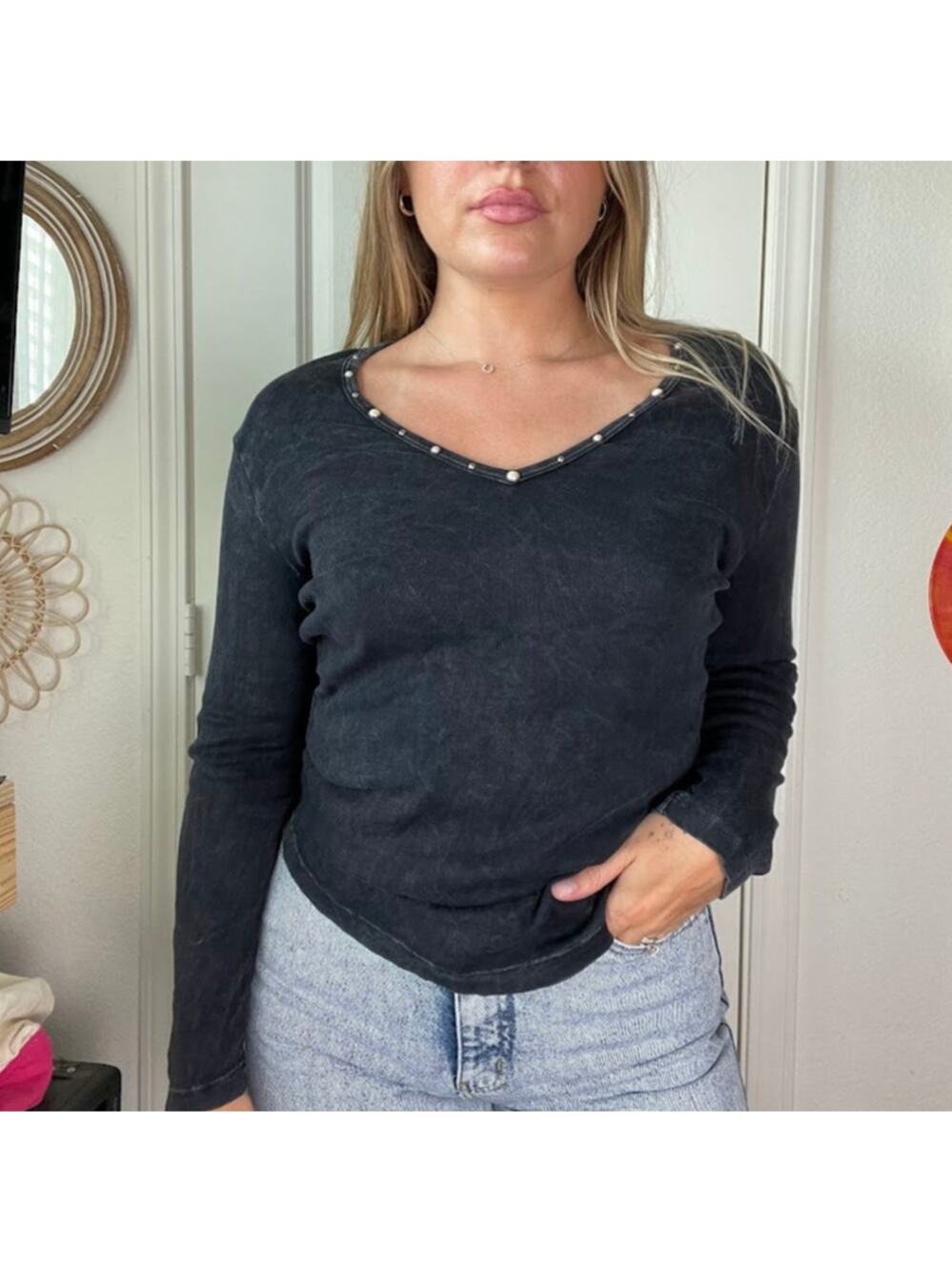 Vintage Y2K 2000s Tryst Acid Washed Embellished Baby T Sz L